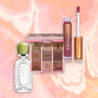 September 2021 Makeup Launches: a collaged image of Oribe Desertland Eau de Parfum, By Terry V.I.P Expert Palette in Bonjour Paris, and Elaluz Oil-Infused Lip Gloss on pink and white background